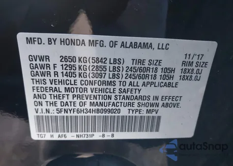 2017 Honda Pilot Ex z USA, uszkodzony, nr VIN 5FNYF6H34HB099020